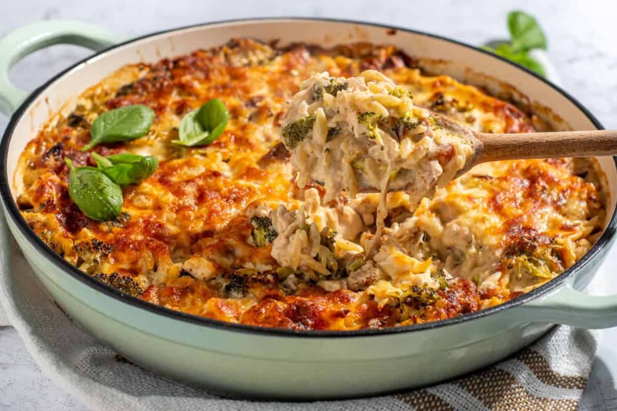 A pan of Creamy Chicken Orzo Pasta Bake.
