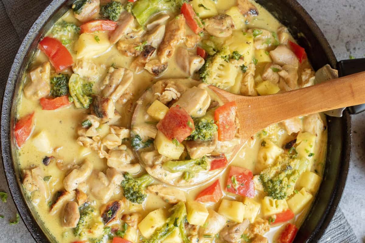 A pan of Chicken Pineapple Curry.