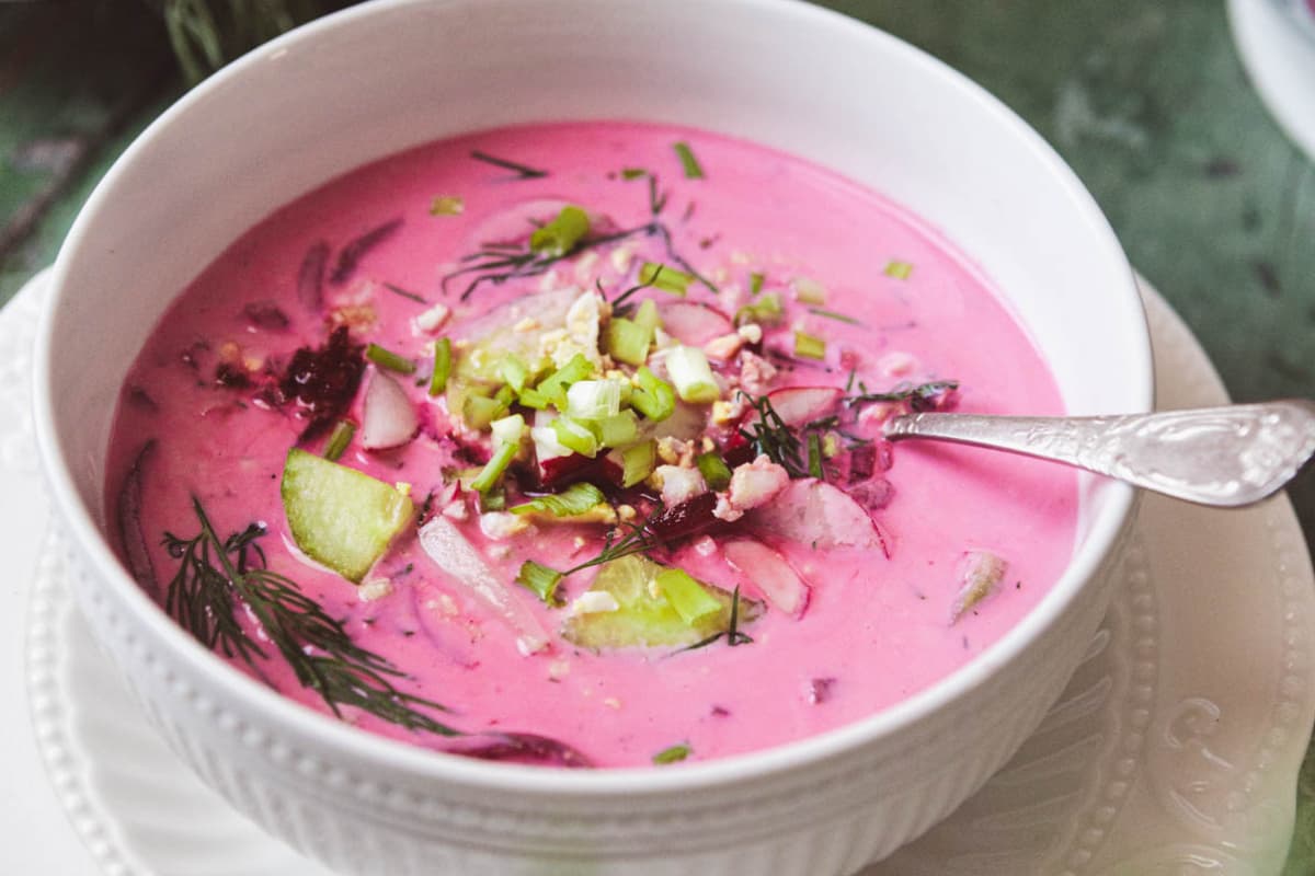 A bowl of 10-Minute Cold Beet Soup.