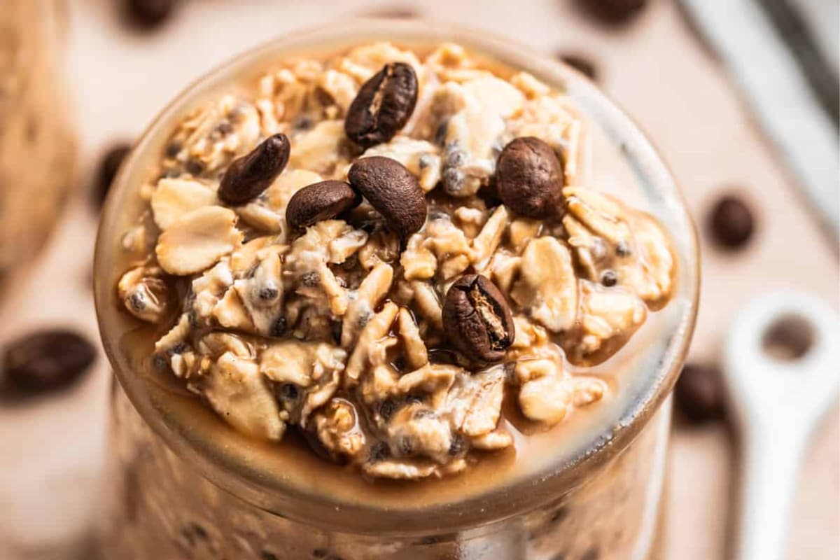 A jar of Cold Brew Coffee Overnight Oats.