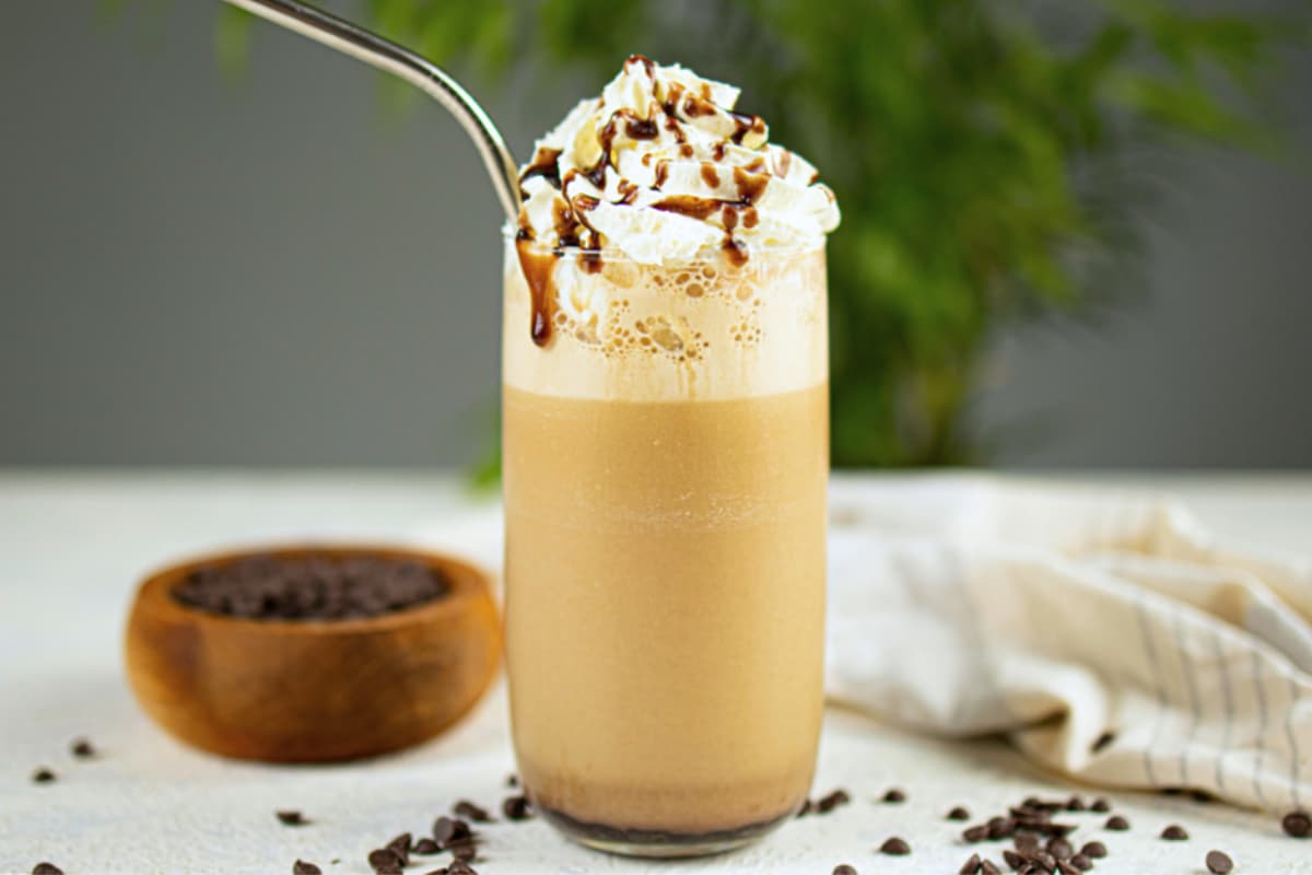 A glass of Copycat Mocha Frappuccino.