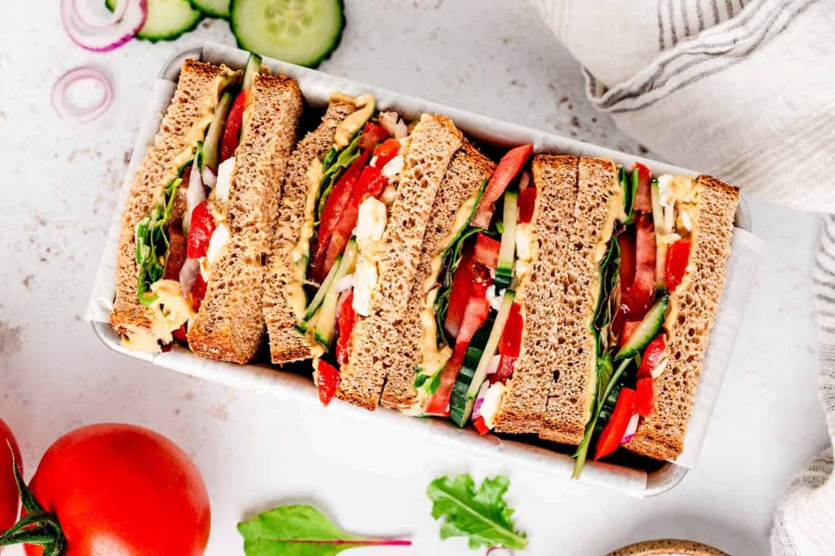 A box of Panera Mediterranean Veggie Sandwich.