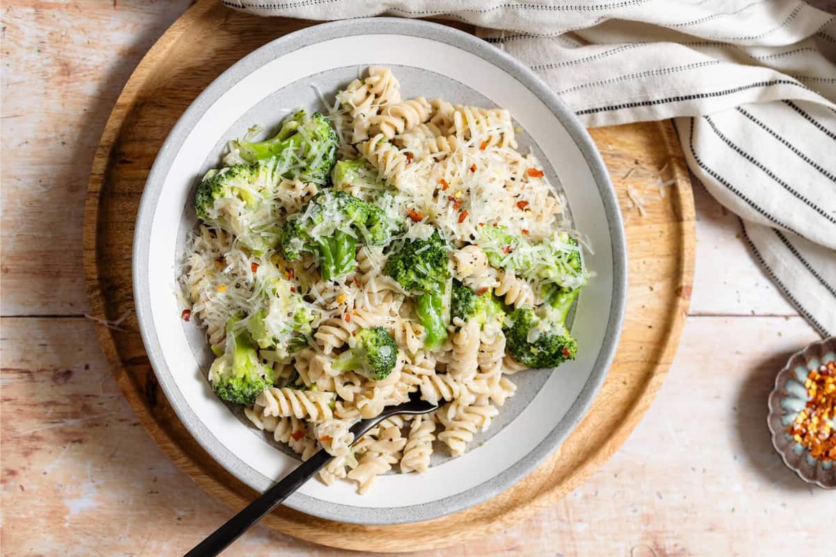 A plate of Creamy Broccoli Pasta.