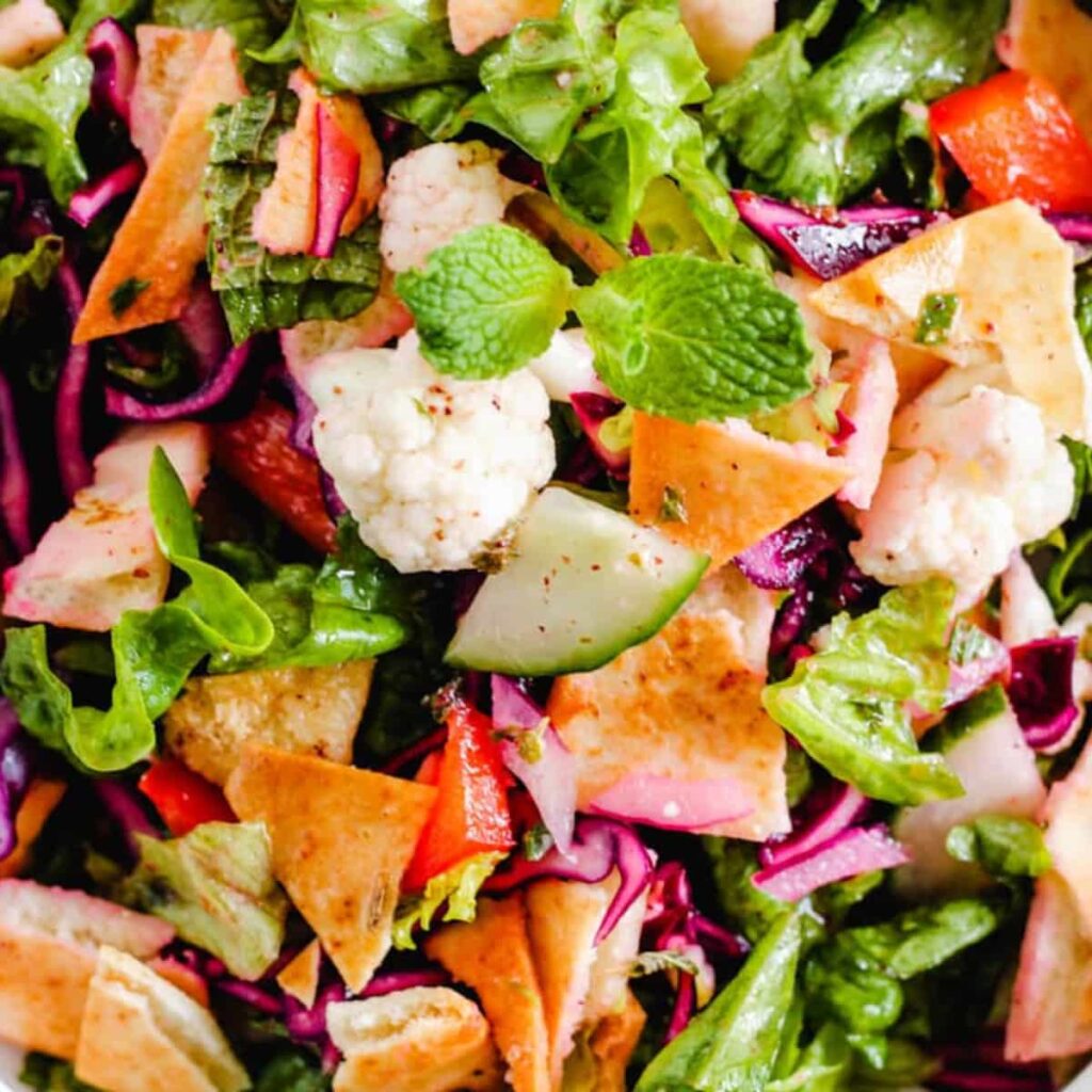 Closeup of fattoush salad.