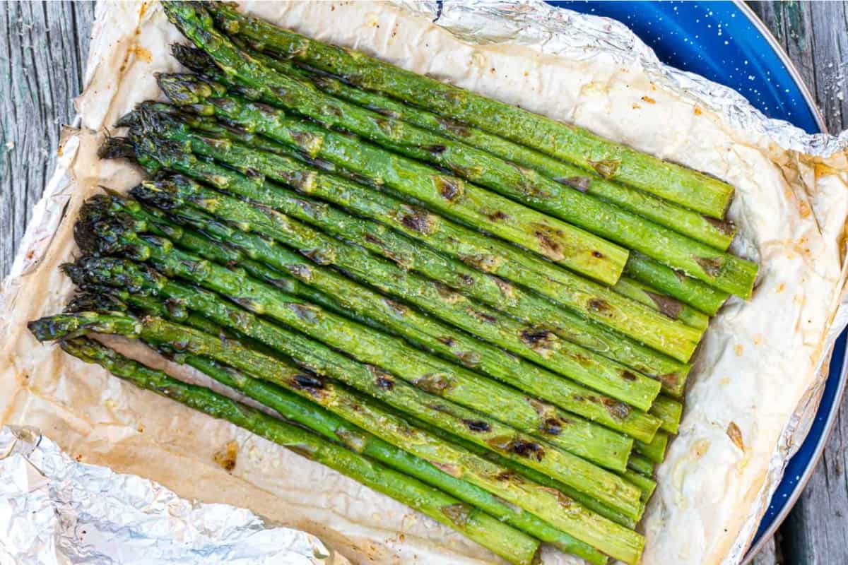 A dish of Grilled Asparagus in Foil.