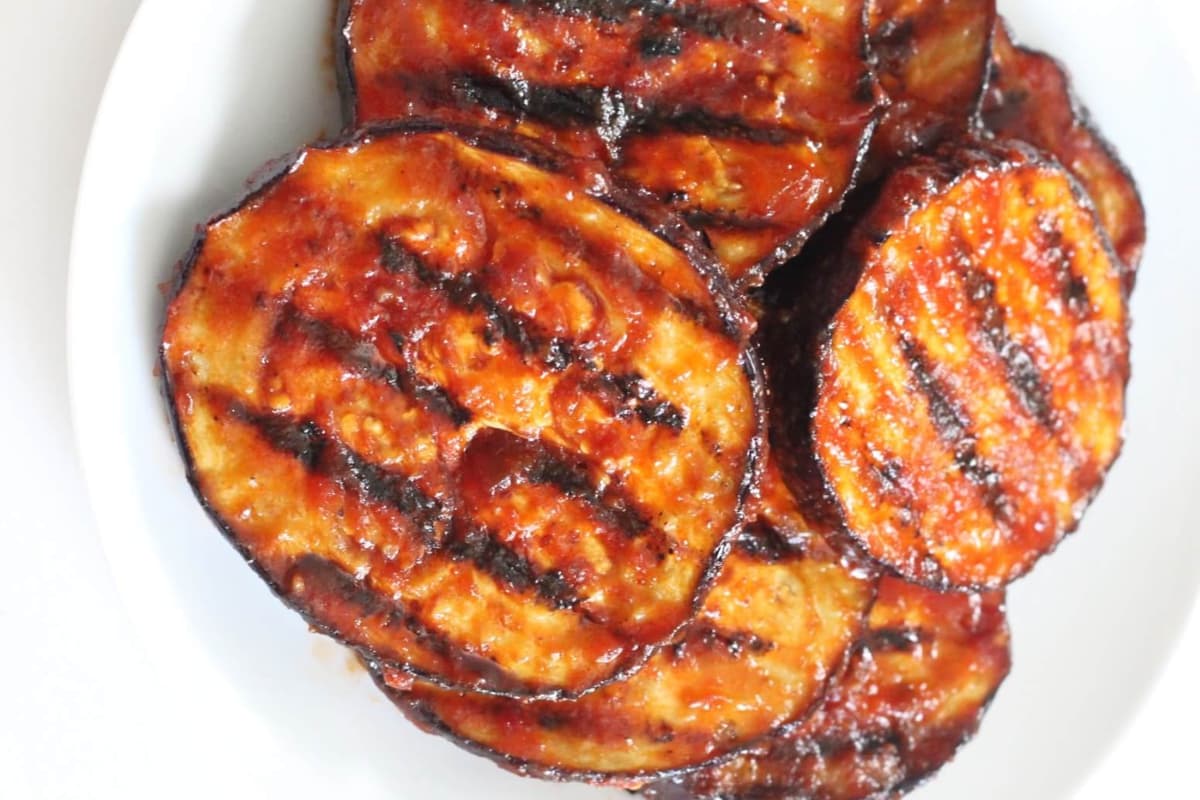 A plate of BBQ Grilled Eggplant Steaks.
