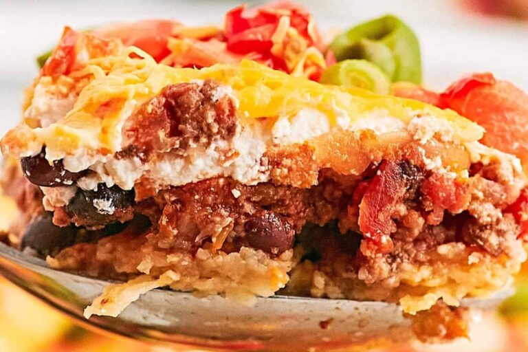 A scoop of ground beef taco casserole.