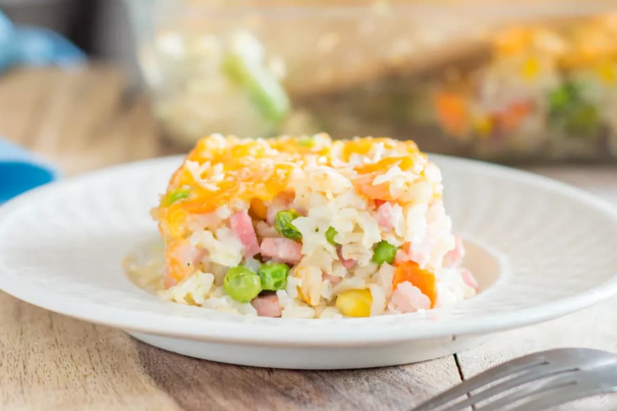 A plate of Ham and Rice Casserole.