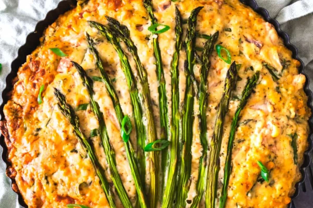 A dish of Baked Ham Asparagus Frittata.