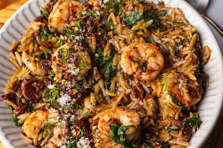 A plate of High Protein Marry Me Shrimp Orzo.