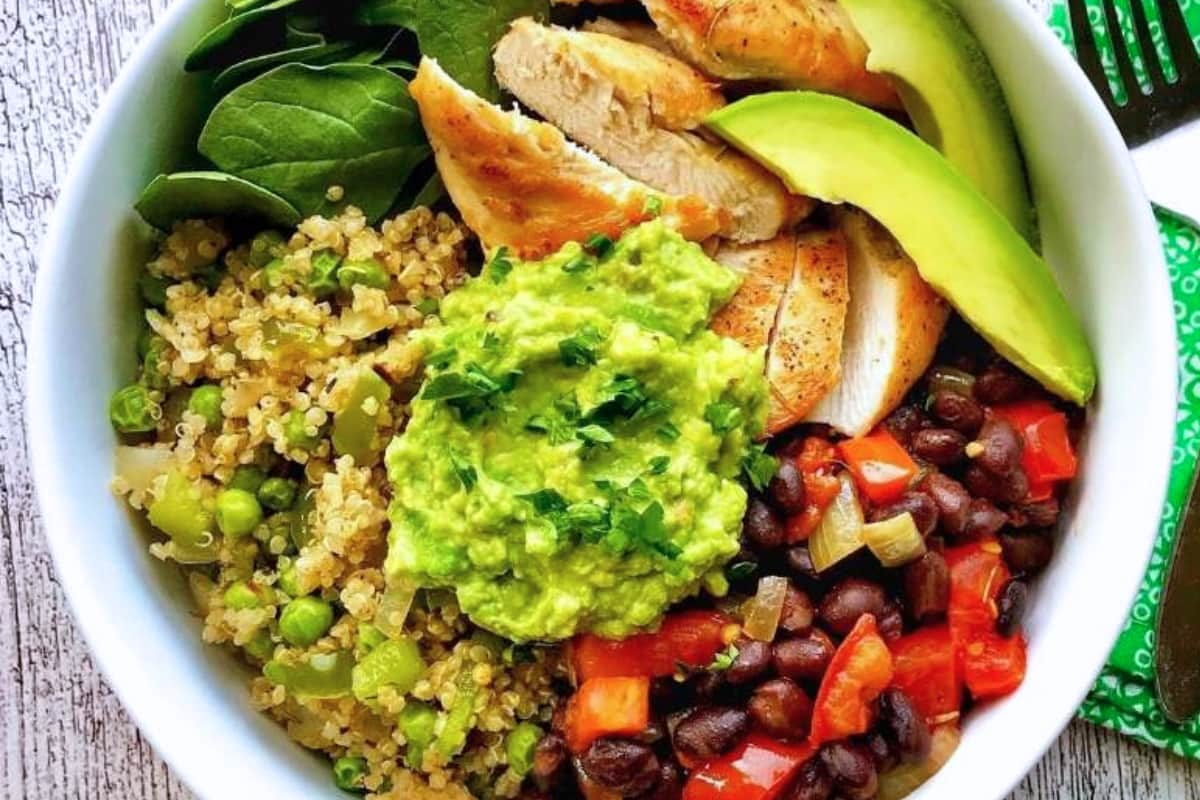 Overhead image of Quinoa Chicken Black Bean Bowl.