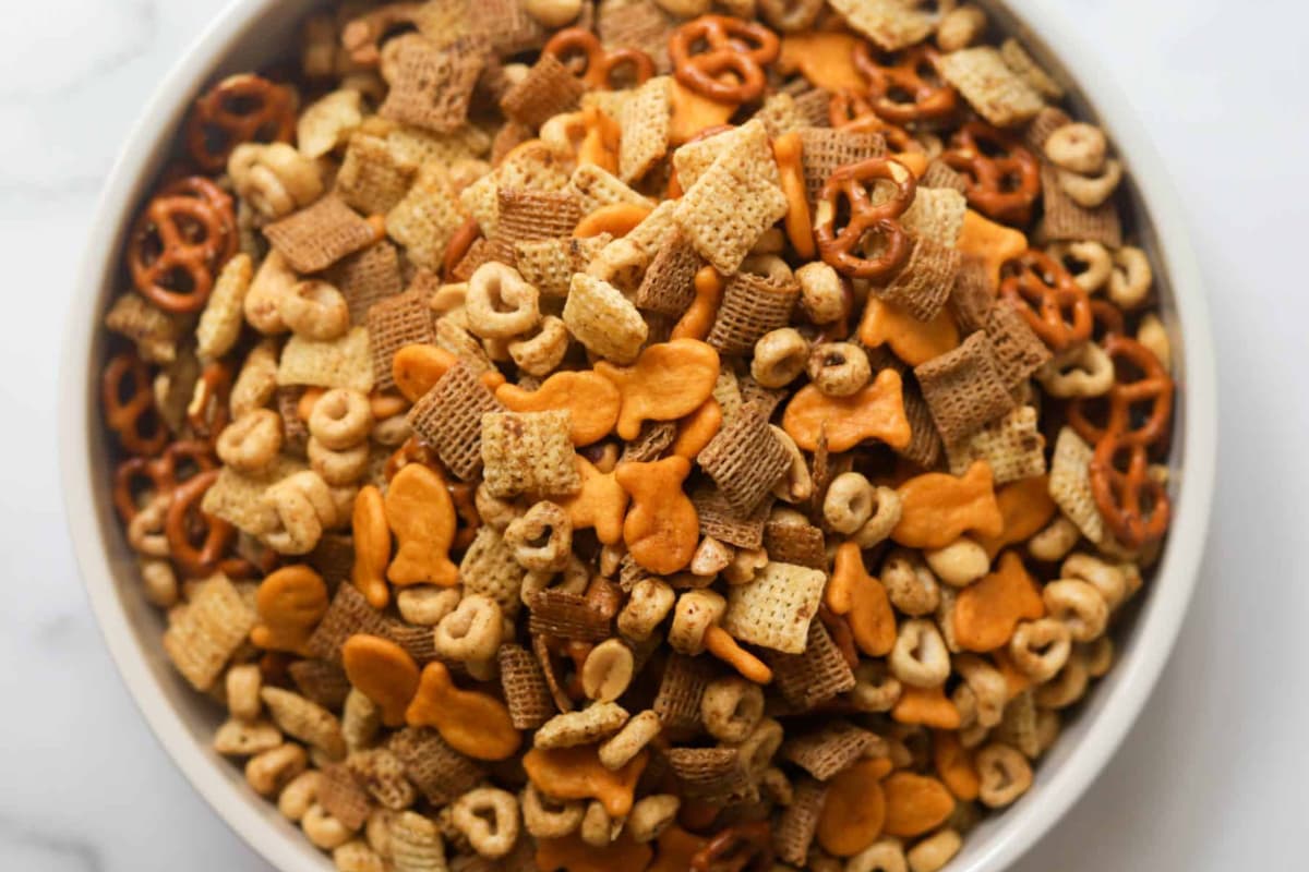 A bowl of Homemade Chex Mix.