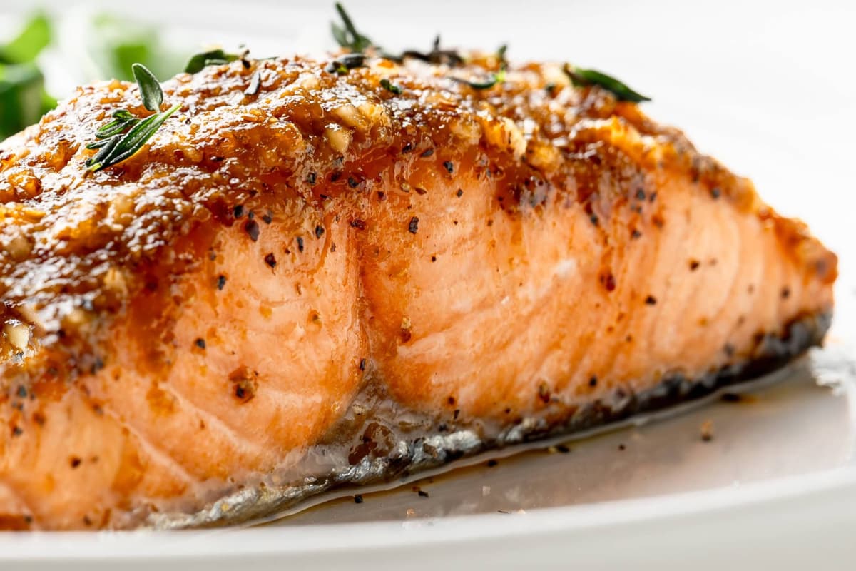 A plate of Baked Honey Mustard Salmon.