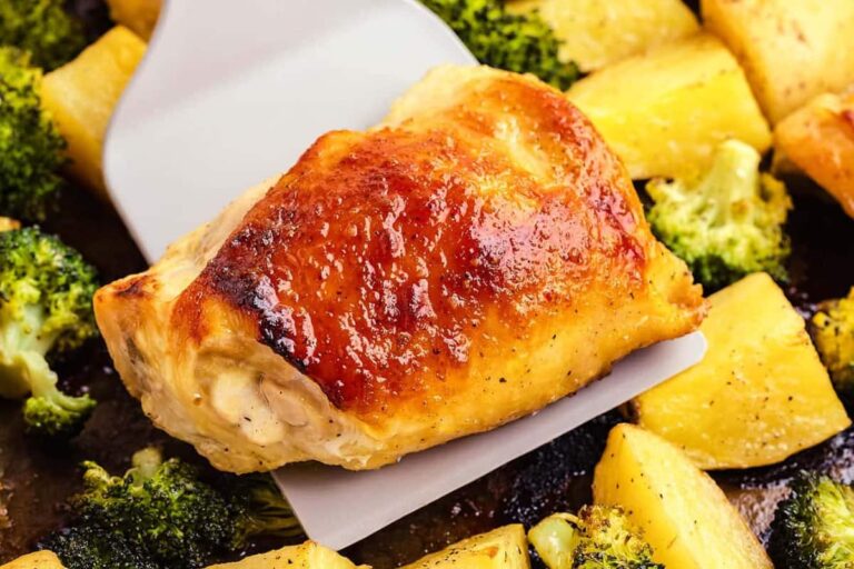 A pan of Sheet Pan Chicken Thighs.