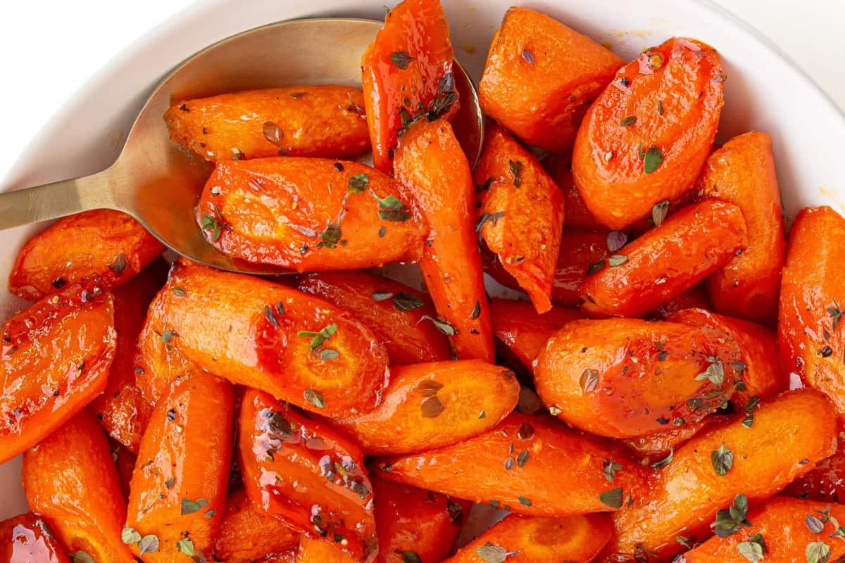 A dish of Honey Thyme Roasted Carrots.