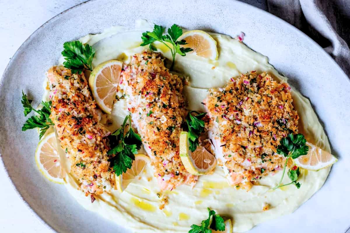 A plate of Horseradish Crusted Baked Salmon.