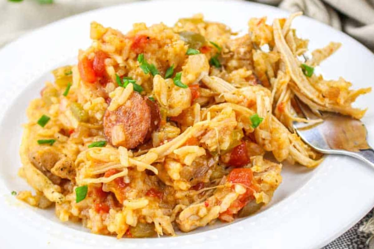 A bowl of Instant Pot Cajun Chicken and Rice.