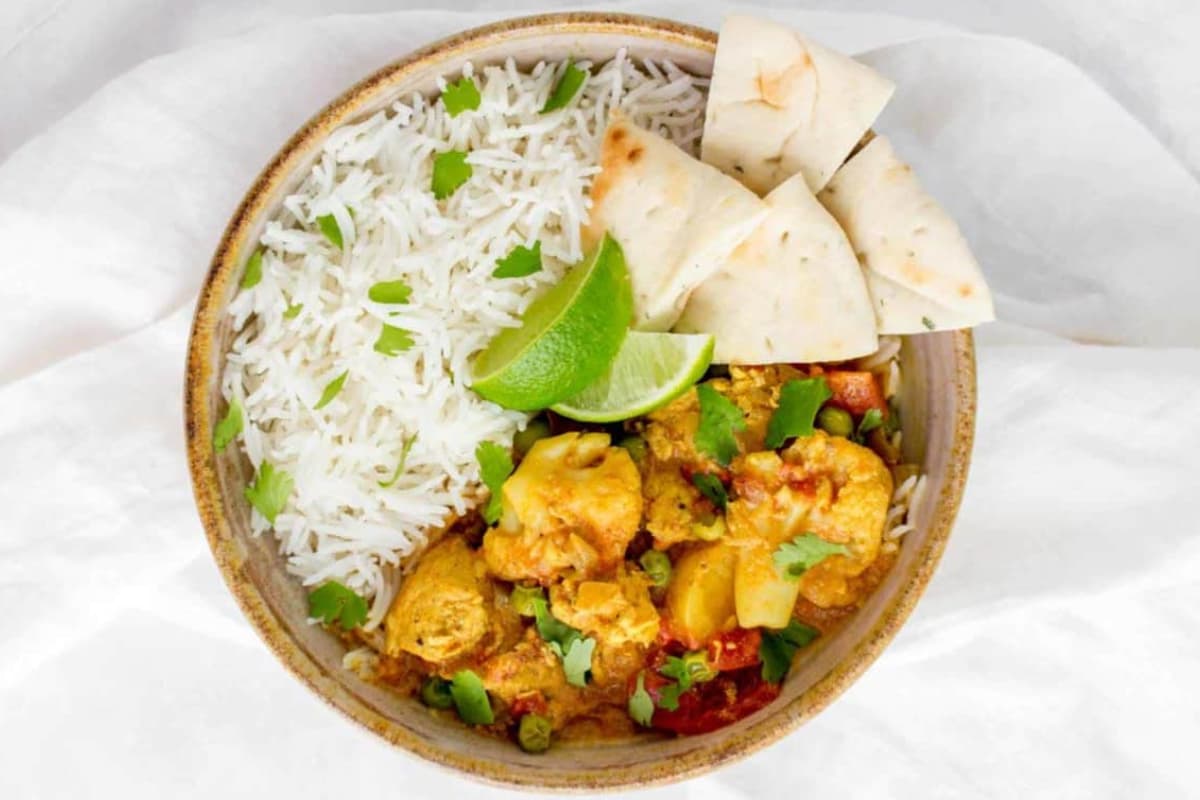 A bowl of Instant Pot Chicken Curry.