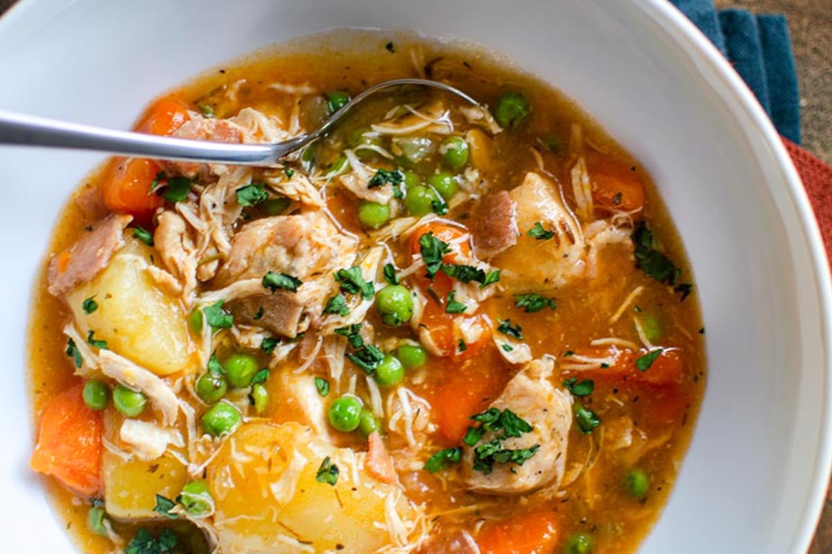 A bowl of Pressure Cooker Chicken Stew.