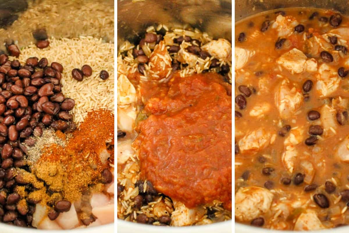 Grid of ingredients being added to a pot.