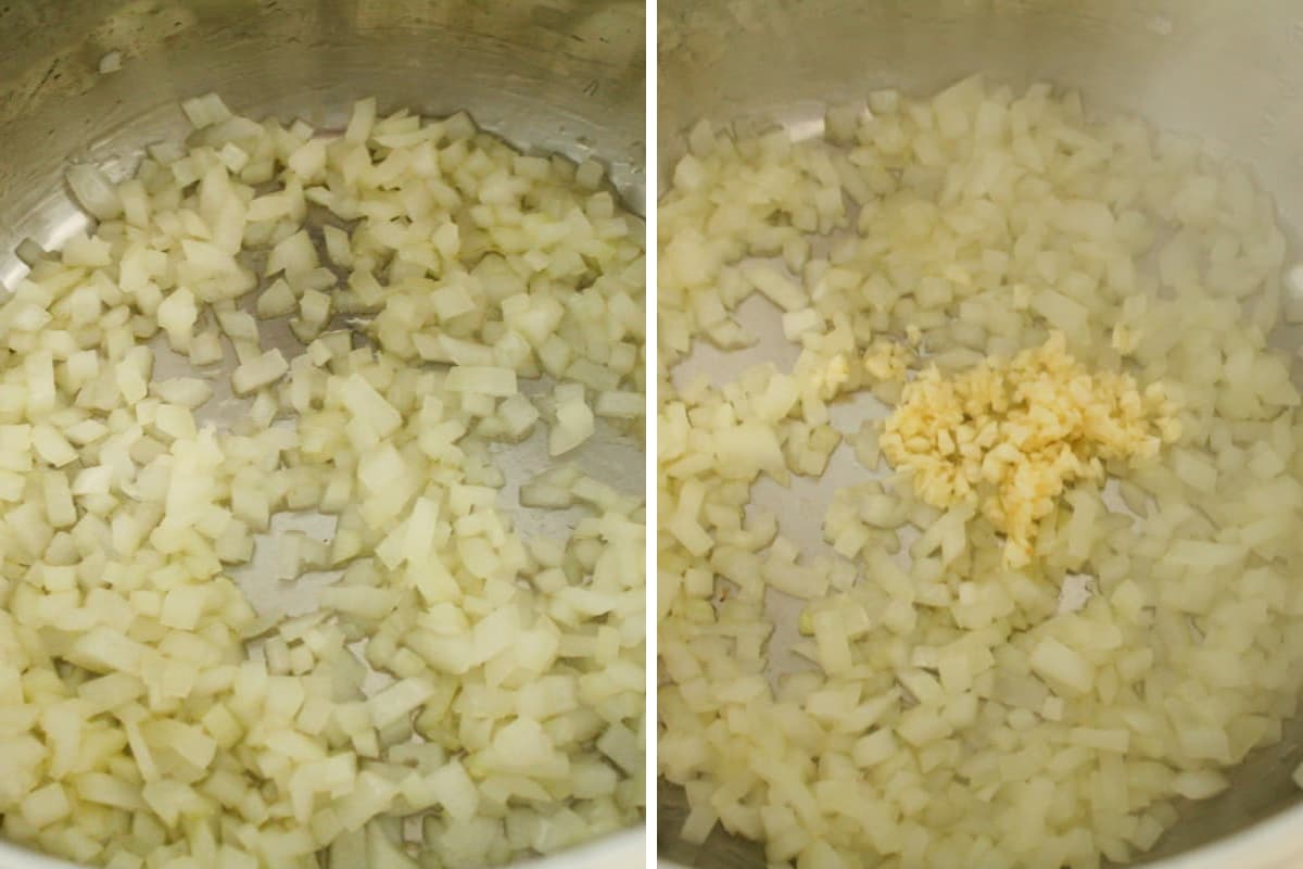 Garlic and onions cooking in a pot.