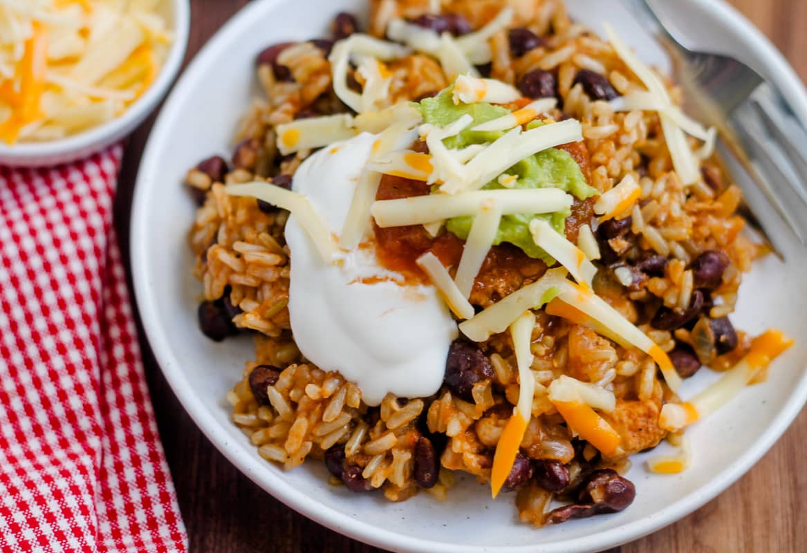 A plate of instant pot chicken and rice bowls.