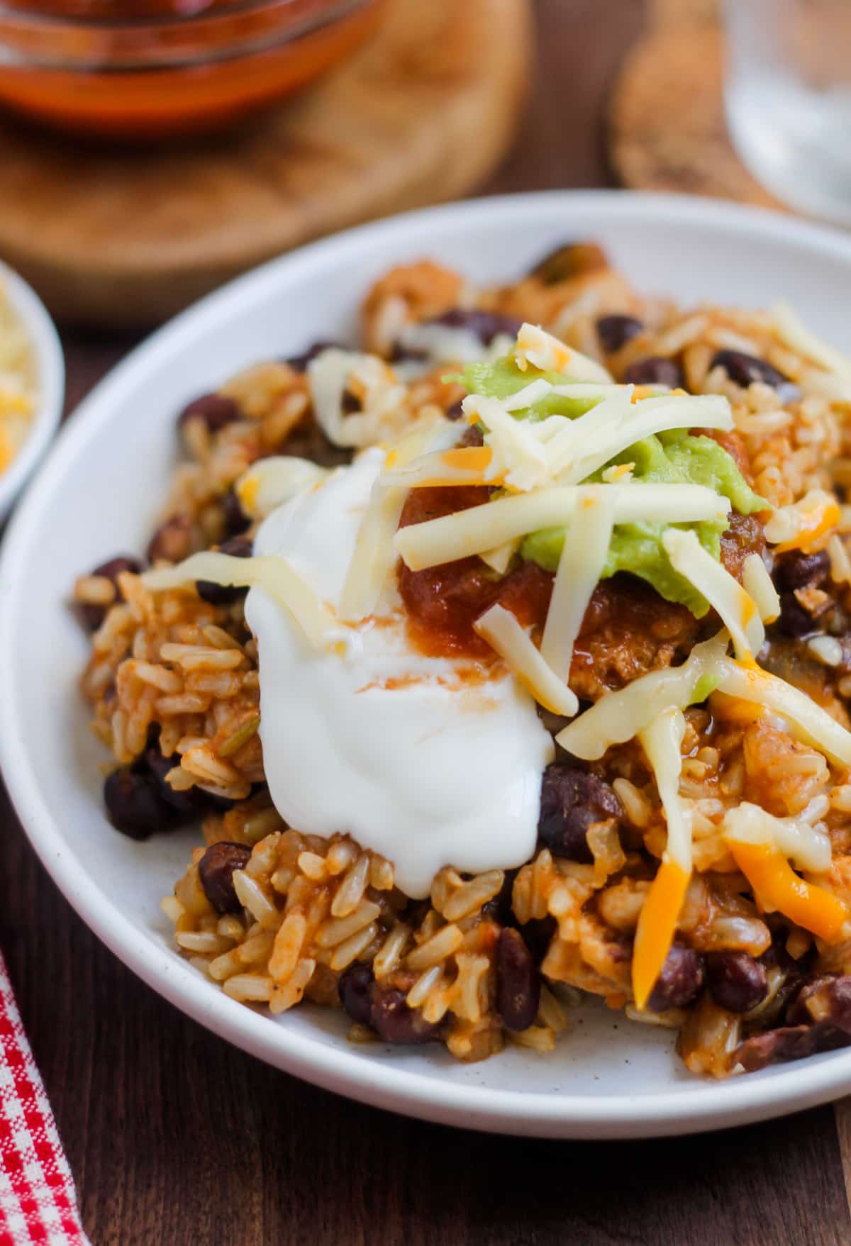 A plate of instant pot chicken and rice bowls.