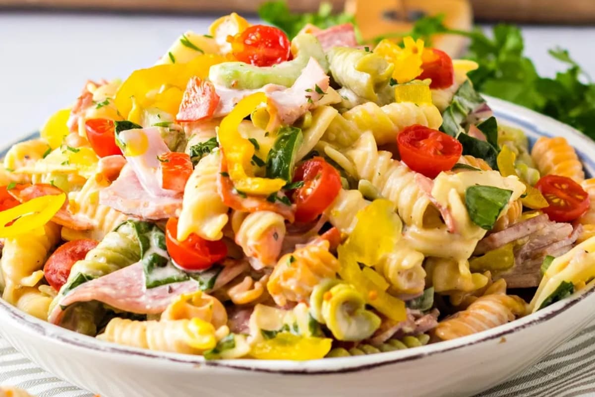 A plate of Italian Sub Pasta Salad.