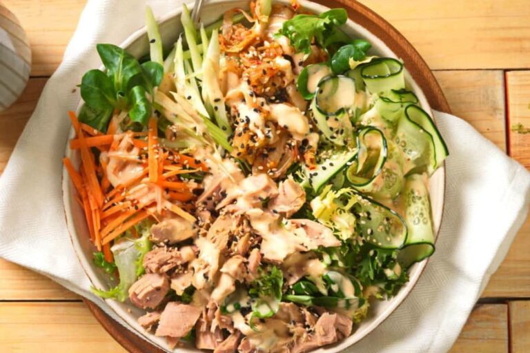 A bowl of Kimchi Tuna Salad.