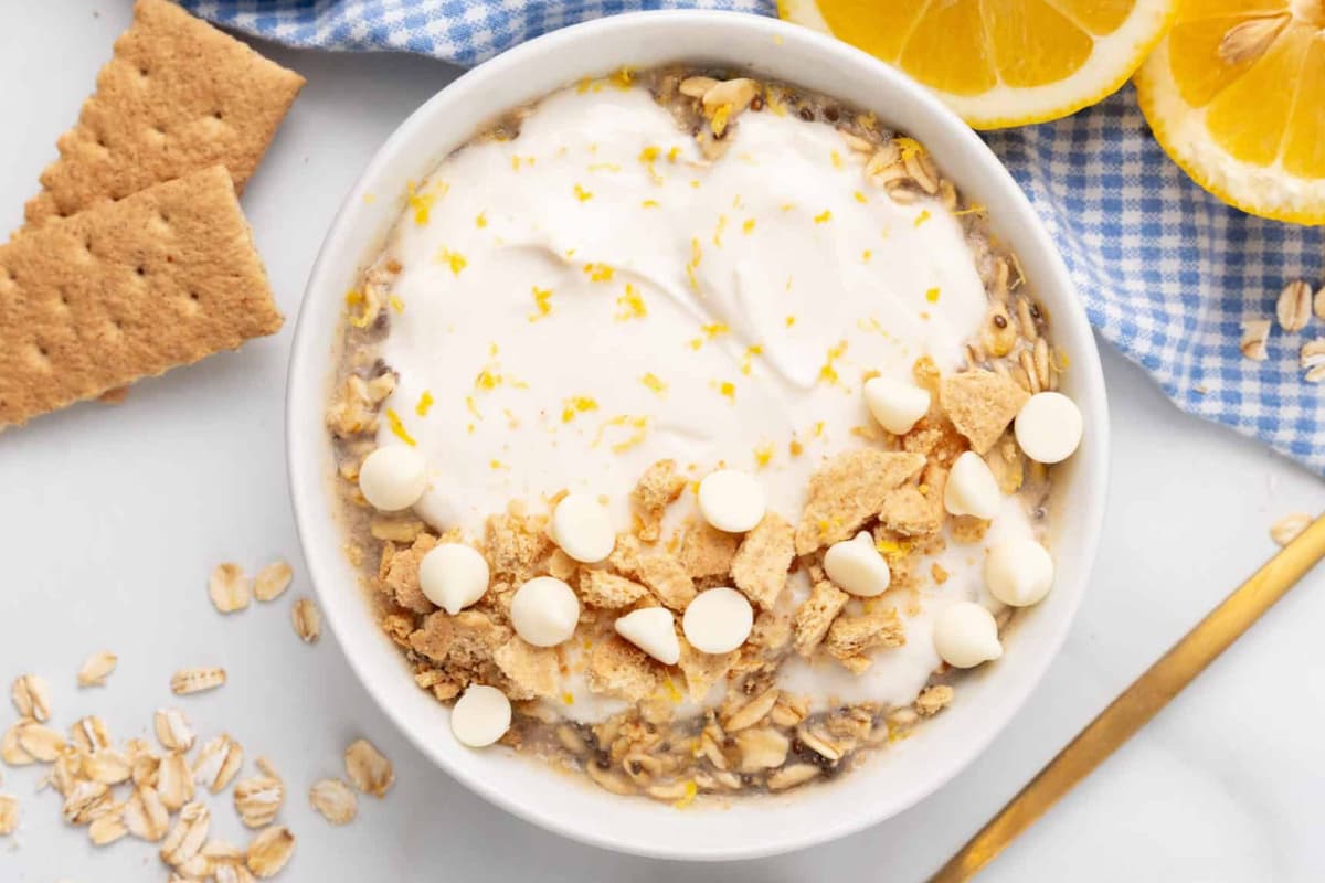 A bowl of Lemon Cheesecake Overnight Oats.