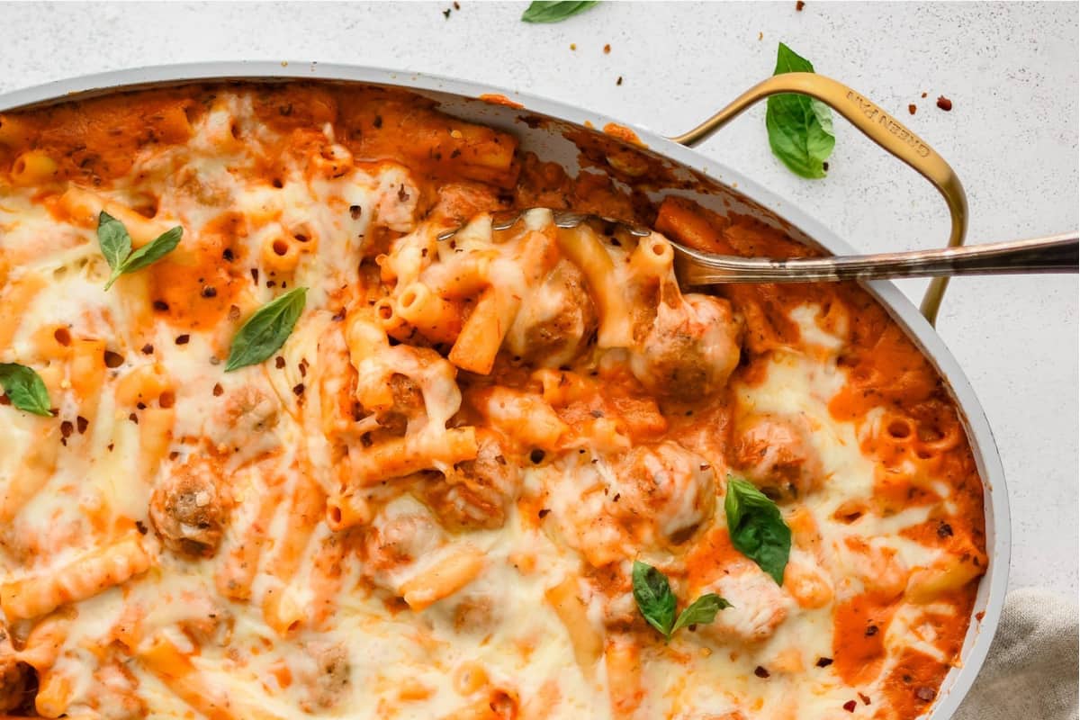 A dish of Dump and Bake Meatball Casserole.