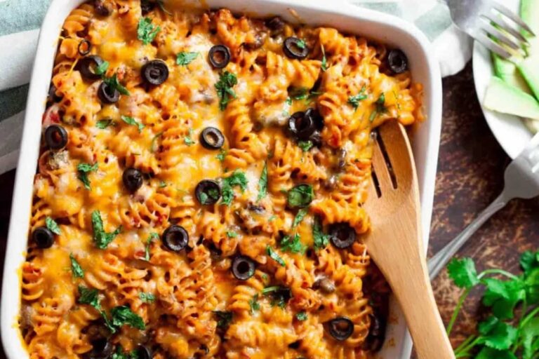 A dish of Mexican Pasta Bake.