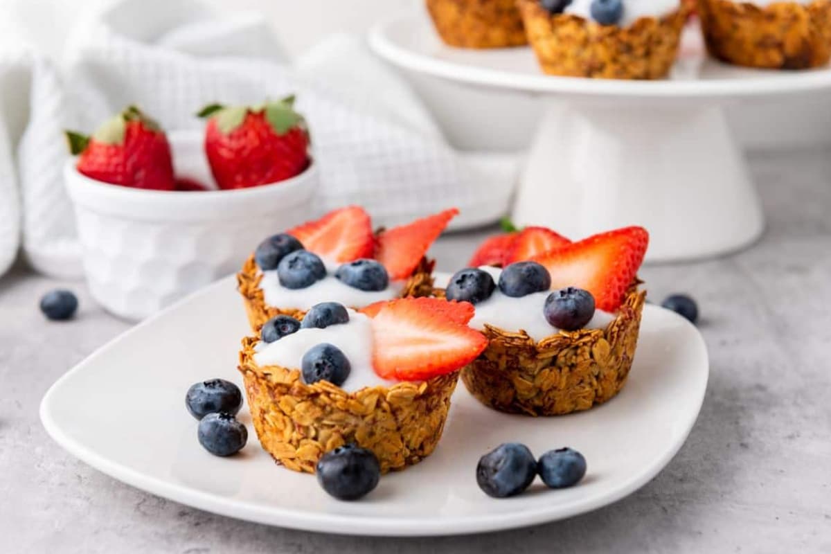 A plate of Mini Granola Cups with Berries.