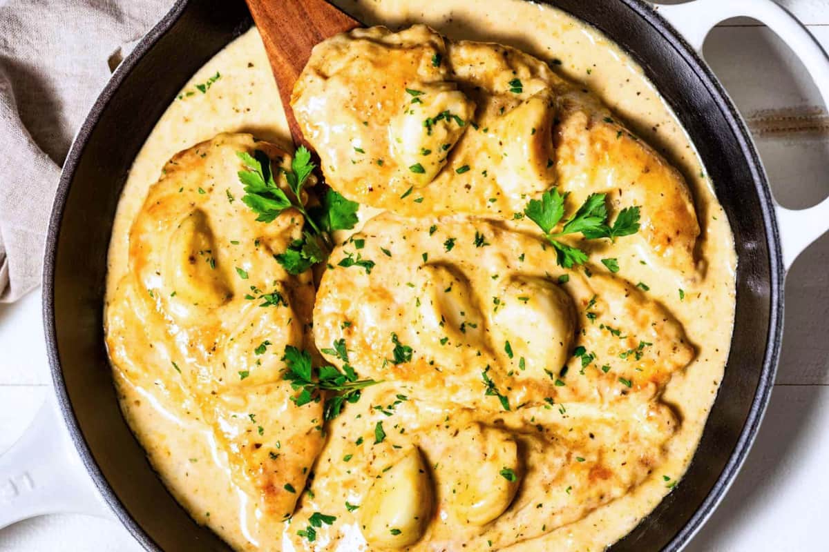 Overhead image of a one-pan Creamy Garlic Chicken.