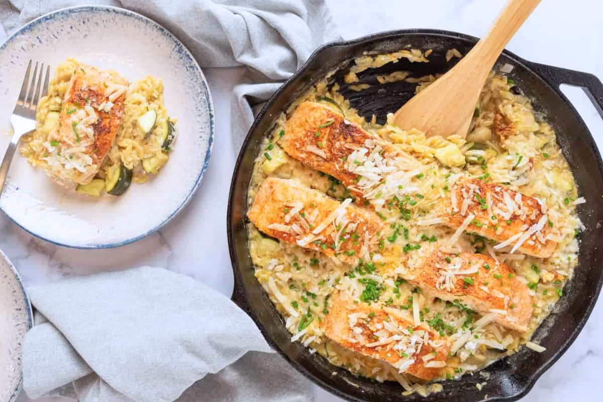 A plate of One Pan Salmon Orzo.