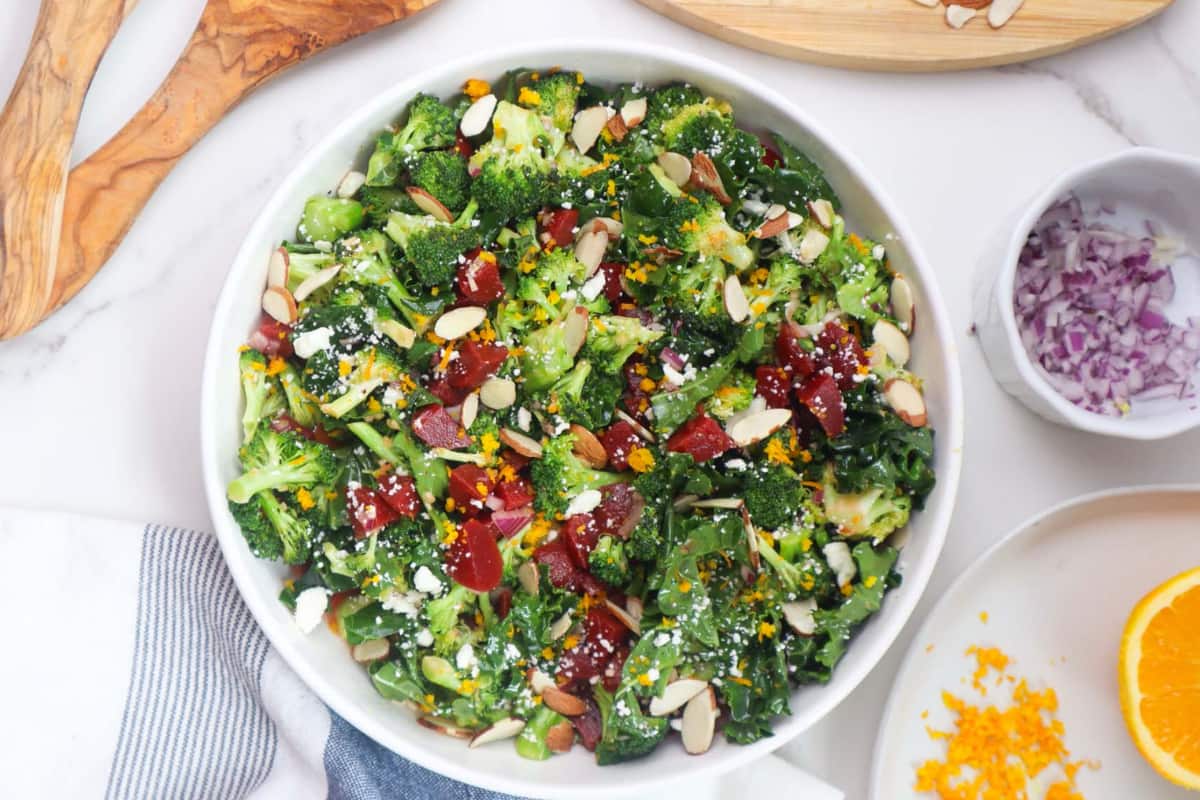 A plate of Orange Ginger Beetroot Broccoli Salad.