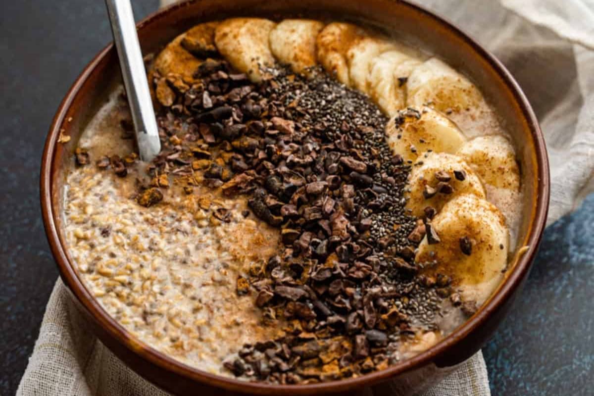 A bowl of Creamy Overnight Oats With Steel Cut Oats.