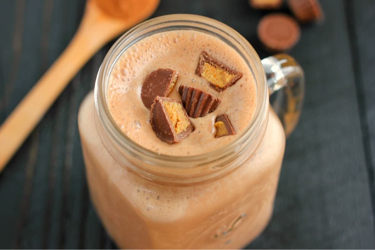 A glass of Chocolate Peanut Butter Smoothie.