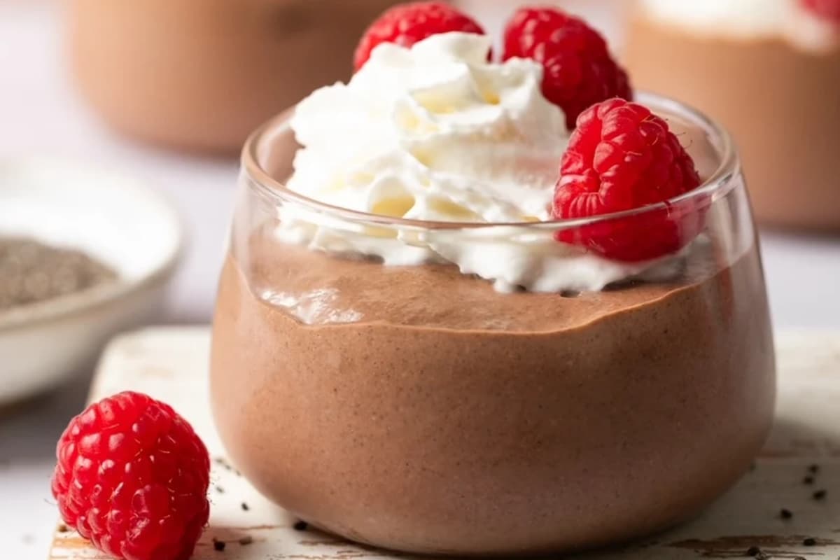 A dish of High Protein Chocolate Chia Seed Pudding.