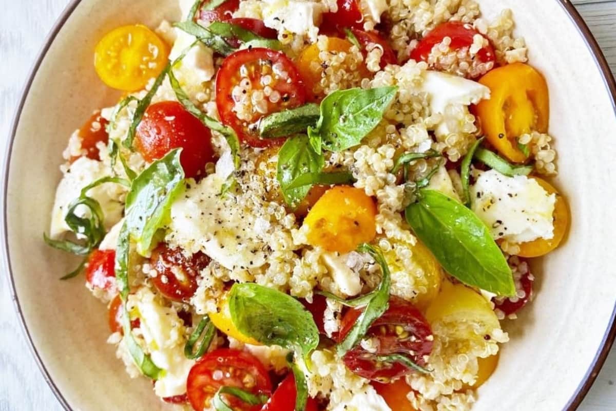 A bowl of Easy Quinoa Caprese Salad.