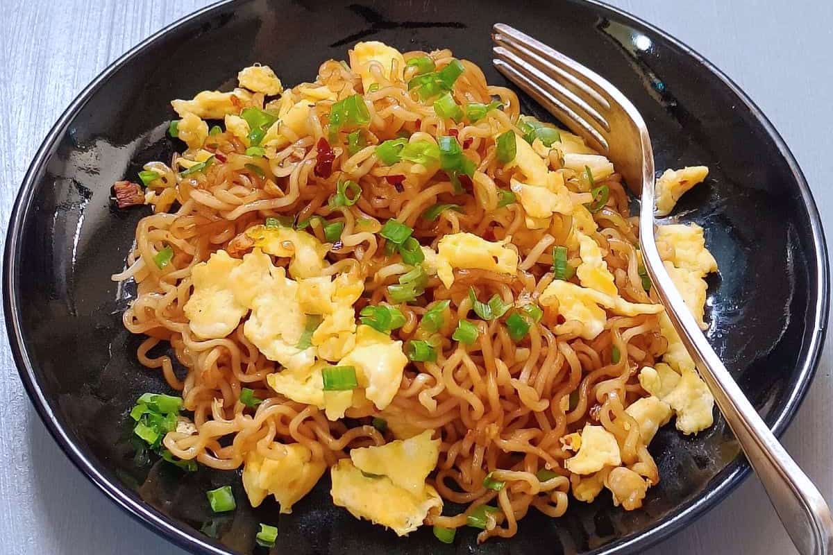 A plate of Ramen Scrambled Eggs.