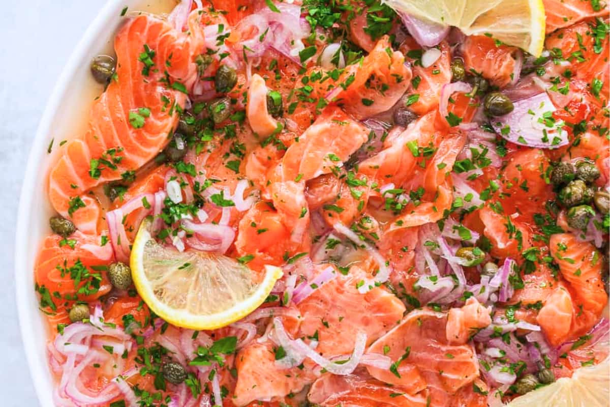 A plate of Salmon Crudo.