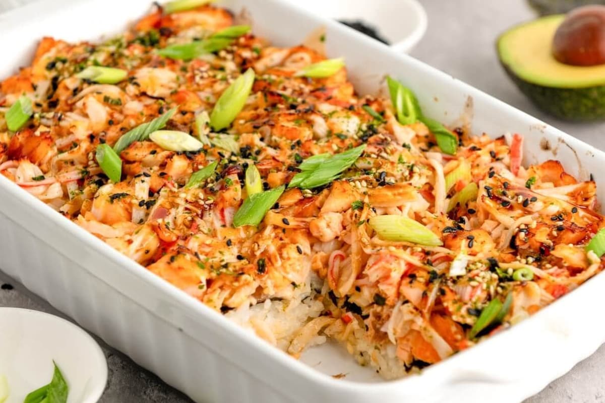 A dish of Salmon Sushi Bake.