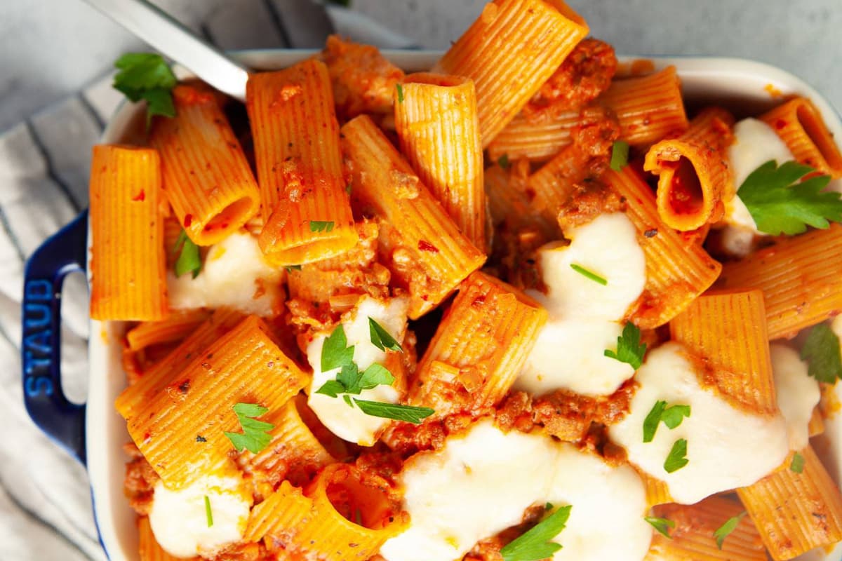 A dish of Rigatoni Al Forno With Sausage.