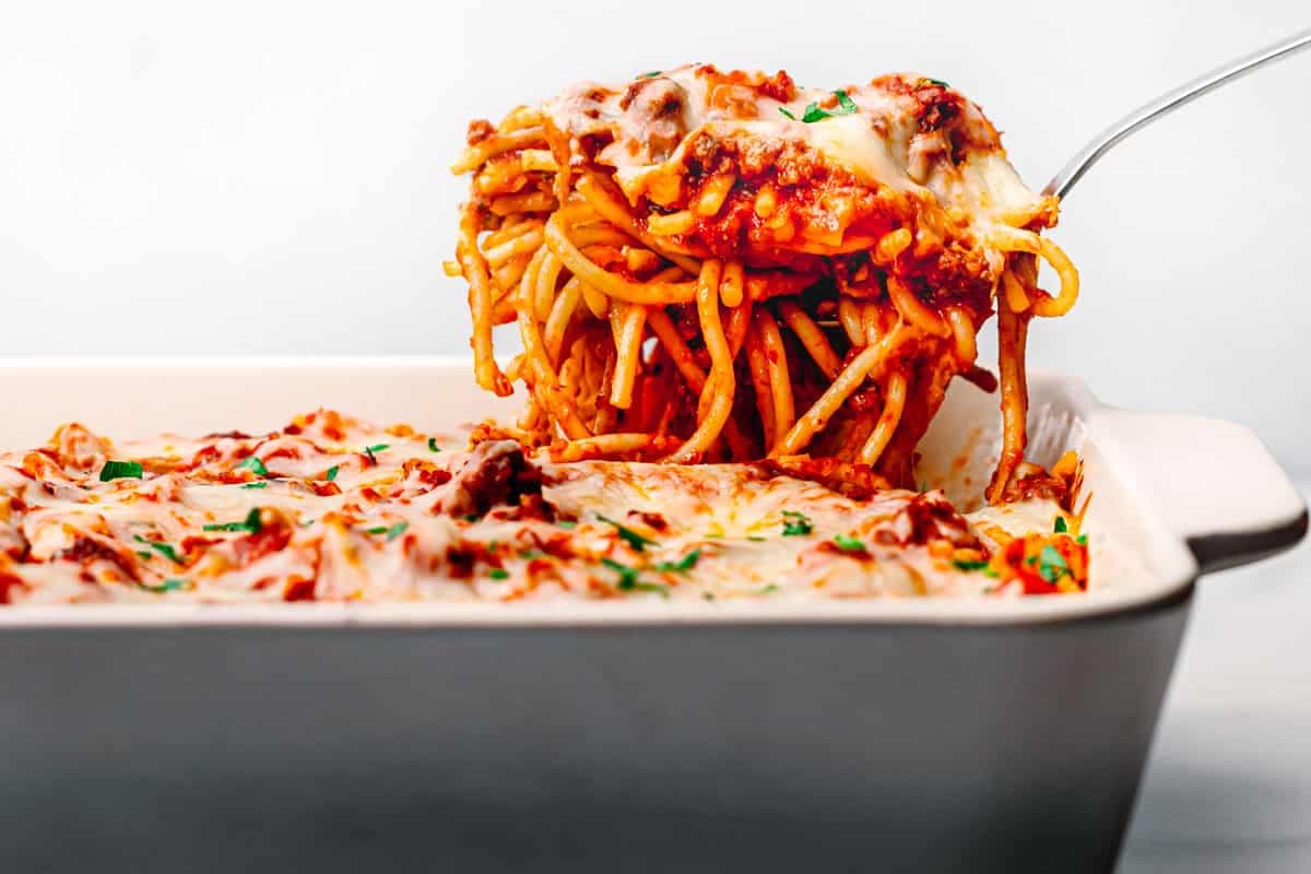 A dish of Baked Spaghetti Casserole.