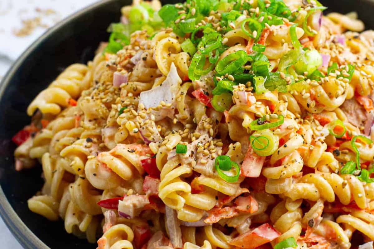 A bowl of Spicy Tuna Pasta Salad.