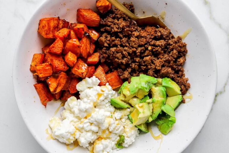 A bowl of Viral Cottage Cheese Sweet Potato Beef Bowl.
