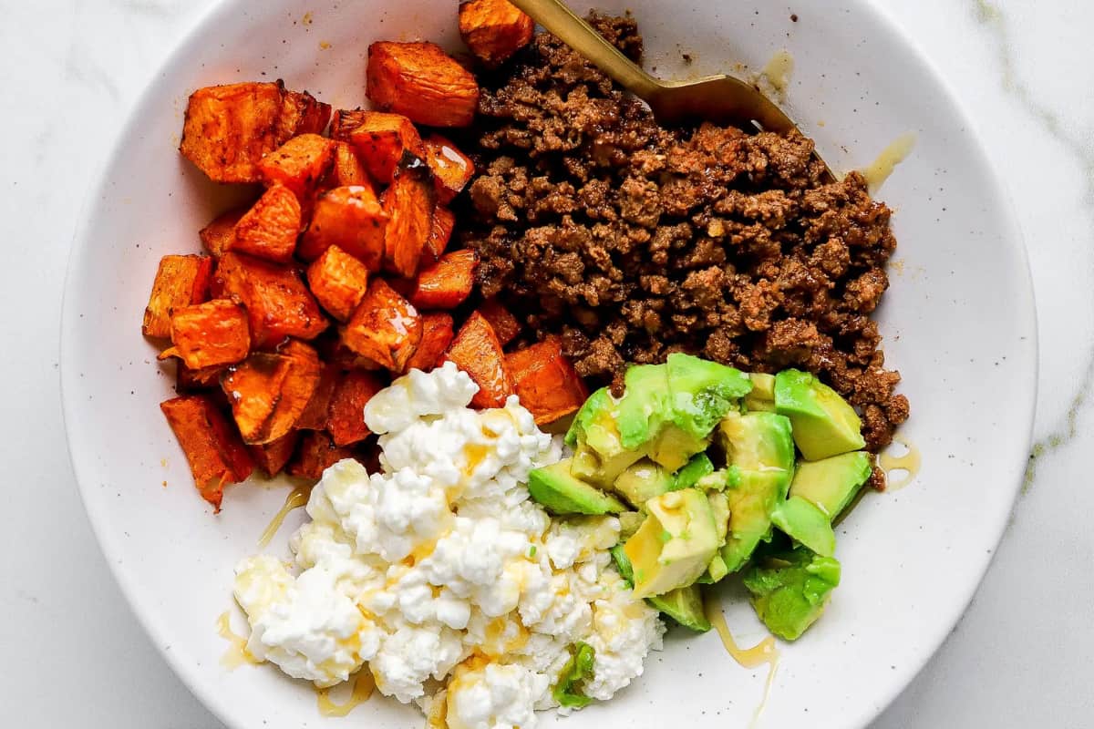 A bowl of Viral Cottage Cheese Sweet Potato Beef Bowl.