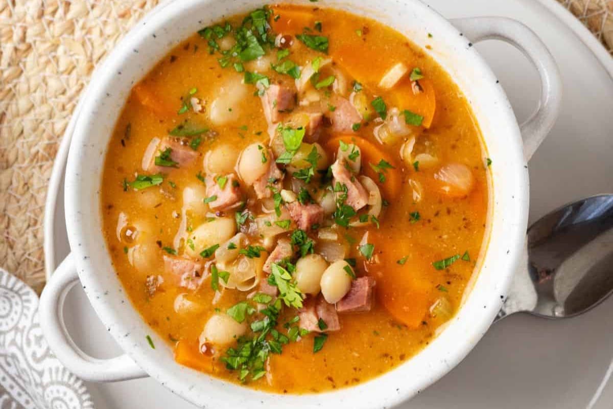 A bowl of White Bean and Ham Soup.
