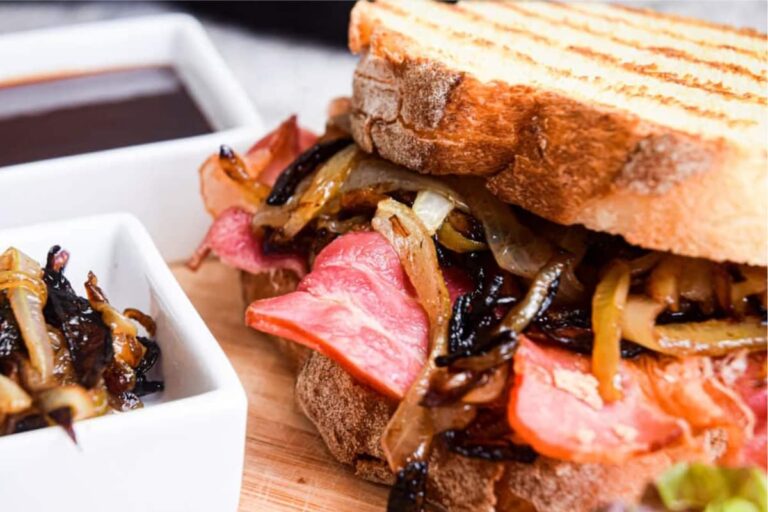 A plate of Bacon Butty (Bacon Sandwich).